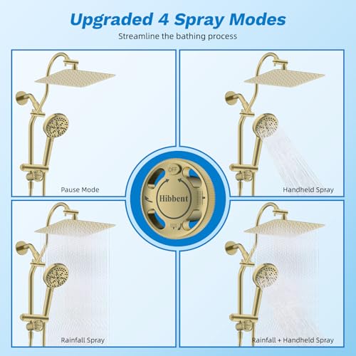 Image of Hibbent High Pressue All Metal 10 inch Rainfall Shower Head, Handheld 10-Spray | cUPC Certified Brushed Gold Dual Showerhead Combo, 4-way Diverter with Pause Mode, Brass Extension Arm, 71'' Hose & Holder
