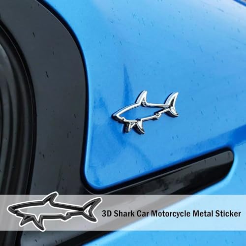 Image of 2pcs Metal Shark Logo Car Side Door Emblem Hollow Fish Badge Decal Sticker (Silver)