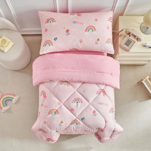 Image of Toddler Bedding Set Pink Rainbow Comforter Set for Girls Soft Cozy Bed Set