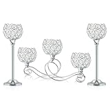 Silver 5 Arm Metal Crystal Tea Light Candle Holder, Elegant Wedding Table Centerpiece Candle Holder, Christmas Wishing Crystal Bowl Candle Holder Suitable for Wedding Party Living Room Decoration