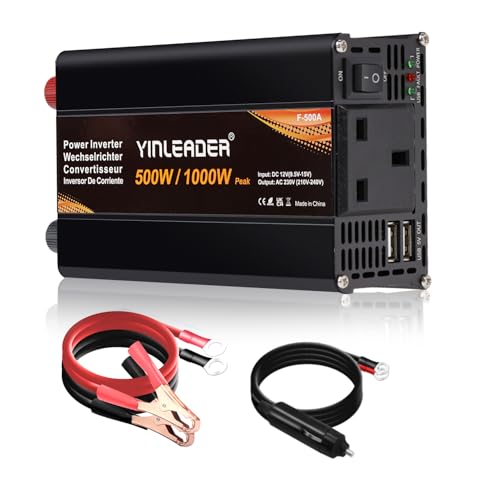 Yinleader Power Inverter 1000W DC 12V to 240V AC 1 UK Socket Dual USB Ports converter with Car Cigarette Lighter