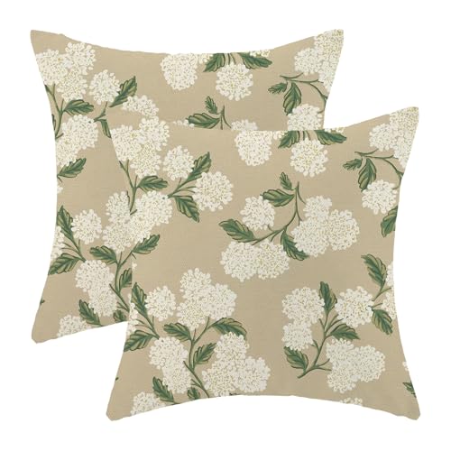 Image of AEIOAE Spring Pillow Covers 24x24 Inch Set of 2, Beige Green Hydrangea Flower Throw Pillows Case,Floral Summer Outdoor Seasonal Decorative Farmhouse Decor Cushion Covers for Home Sofa Bed Couch