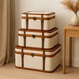 SIGNES GRIMALT Set de 3 Valises Décoratives en Bois et Cuir Synthétique – Coffres de Rangement Style Vintage Voyage – Malles Décoratives Beige et Marron 53 cm