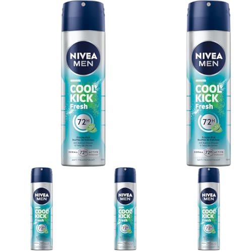 NIVEA MEN Cool Kick Fresh Deo Spray, Deodorant mit 72h Antitranspirant-Schutz gegen Schweiß und Körpergeruch, Deospray mit Kaktuswasser ohne Ethylalkohol (150 ml) (Packung mit 5)
