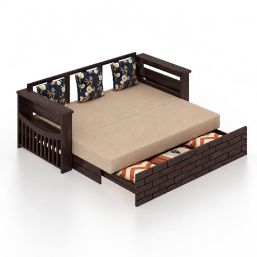 Image of Ganpati Arts Solid Sheesham Wood 3 Seater Italian Sofa Cum Bed with Side Pocket for Living Room Bedroom Wooden Bedroom Furniture for Home 1 Year Warranty (Walnut Finish)