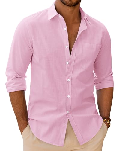 Image of siliteelon Mens Pink Shirt Linen Shirts Men Long Sleeve Cotton Casual Regular Fit Party Beach Summer Holiday Tops with Pocket L