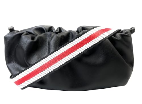 Image of Black White Red Stripe Webbing Purse Strap with Silver Hardware 1-1 /2 Inch Wide Replacement Crossbody Guitar Style Adjustable Shoulder Strap for Handbags Totes