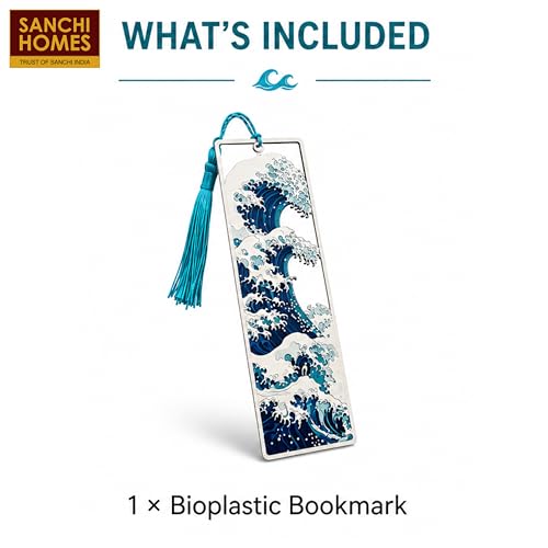 Image of Great Wave Layered Bookmark | Inspired by Hokusai's Iconic Art, Ocean Blue with Tassel, 15 x 5 cm | Perfect for Gifting | for Readers and Book Lovers | Ecofriendly Bioplastic | Unique 3D Effect