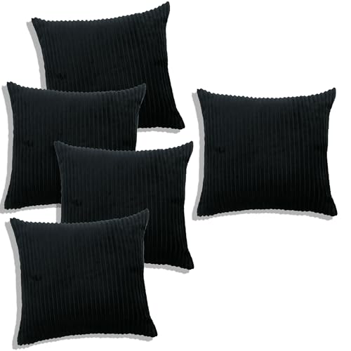 Image of RD TREND Cushion Cover Set of 5, Decorative Sofa Living Room Home Square Cushion Covers 18 Inch x 18 Inch, Aesthetic Corduroy Striped Double Sided (Black, Pack of 5)