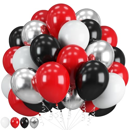 Image of Red Black Balloons, 60 Pcs 12 Inch Double Stuffed Red Matte Black White Balloon with Metallic Silver Balloon for Halloween Vampire Prom New Year Race Car Theme Birthday Poker Card Party Decorations