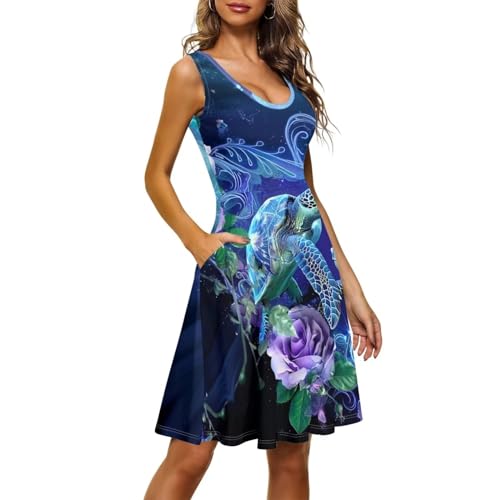 Image of TOADDITDO Women's Sleeveless O Neck Beach A-Line Party Coctail Tank Dresses Flared Sundress