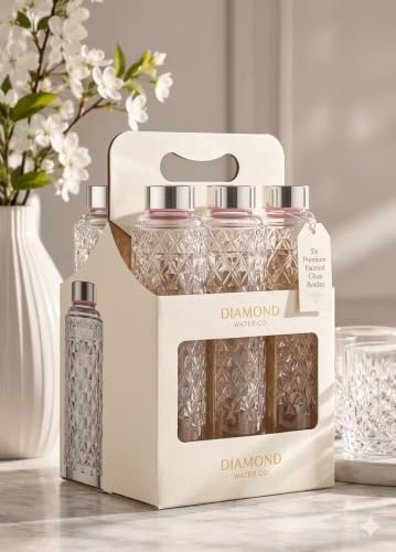 Image of Diamond Cut Glass Water Bottles with Stainless Steel Lid, Clear, Set of 6, 1000ml, BPA Free, Kids' School Water Bottles, Lab Weighing Bottles, GYM Water Bottle