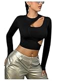 Milumia Women's Y2k Cut Out Crop Top Crewneck Long Sleeve Night Out Fitted Rave Tops Tee Black Small