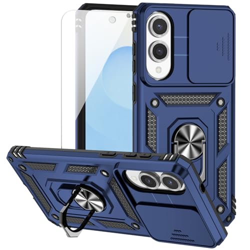 for Samsung Galaxy S25 Edge Case, with Camera Lens Cover HD Screen Protector, Military-Grade Drop Tested Magnetic Ring Holder Kickstand Protective Phone Case for Samsung Galaxy S25 Edge (Navy Blue)