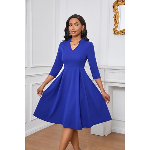 Image of Max2co Midi Dresses for Women Semi Formal Fit and Flare A-Line Swing Dress 3 /4 Sleeve Church Cocktail Dress with Pockets