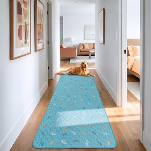 Image of Sunheir Washable Pee Pads for Dogs Large 24 inch x 72 inch 2-Pack Reusable Puppy Pads Pet Training Pads, Absorb Dog Mats, Whelping Pad, Non-Slip Protects Against Urine Leakage, Runner Rug (Leaves - Sky Blue)