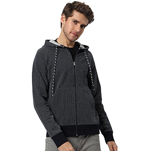 Image of CAHOOT Men's Dark Blue Zip-Front Hoodie with Contrast Drawstring for Casual Wear | Long Sleeve | Hooded Neck | Zipper Closure | Cotton Sweatshirt Crafted with Comfort Fit for Everyday Wear