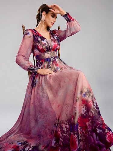 Image of TOLEEN Summer Casual Dresses for Women 2024 Spring Fashion Boho V Neck Long Sleeve Ruffle Floral Print Elegant Maxi Dress