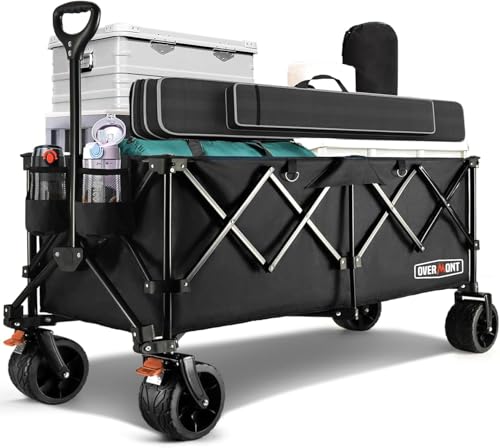 Overmont 45'' Collapsible Foldable Extended Wagon Cart - 300L Heavy Duty 440lbs Large Capacity Folding Utility Wagon with All-Terrain Wide Wheels for Camping Sports Grocery Picnic