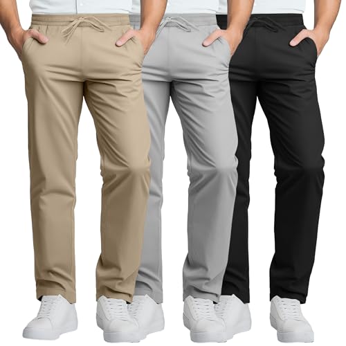 Neer 3 Pack Men's Casual Chino Pants, Summer Lounge Elastic Waist Drawstring Straight Leg Outdoor Pants Trousers with Pockets