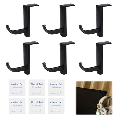 Nodcows Headset Holder for Monitor with 6 Cleaning Cloths, Headphone Hooks Self-Adhesive, Headphone Holder for Screen, Universal Headset Holder for All Headphones, Black, Pack of 6