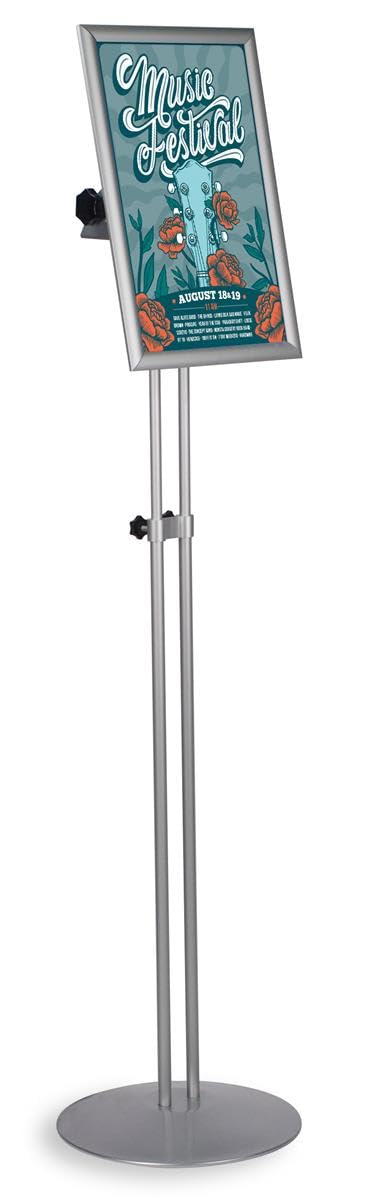 Aluminum Double Pedestal Sign Stand for 11x17 Poster, Height-Adjustable, Tilting Frame, Displays in Both Vertical and Portrait - Silver