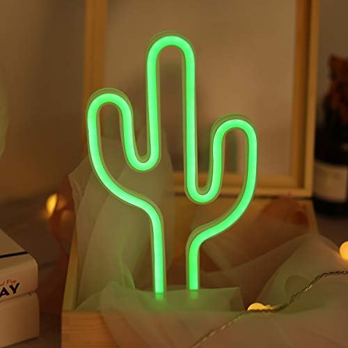 Battife Neon Signs LED Light with Holder Base USB or Battery Operated Table Night Lamp for Bedroom, Home Accessories Decorations Gifts (Cactus)