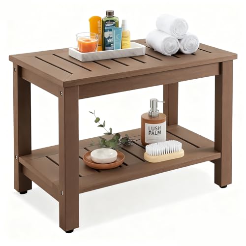Image of Psilvam 28 inch Waterproof Poly Lumber Shower Bench with Storage Shelf, Brown