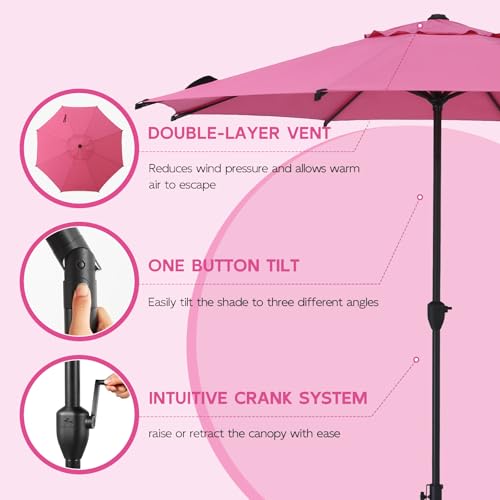 Image of Abba Patio 9FT Lyon Outdoor Patio Umbrella Outdoor Table Umbrella with Crank Market Umbrella 8 Sturdy Ribs UV Protection Waterproof and Push Button Tilt for Garden Deck Backyard Pool,Pink