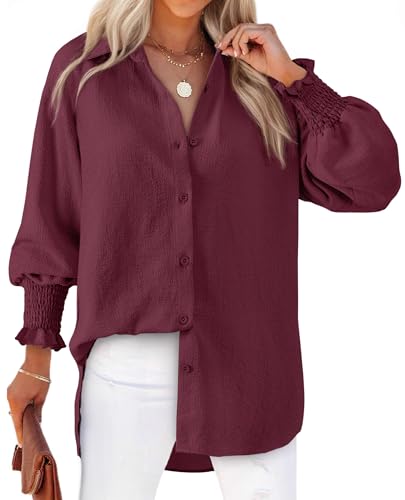 Image of Women's Striped Button Down Shirts Long Sleeve Smocked Cuffed Oversized Boyfriend Blouses Collared Work No Pockets Tops