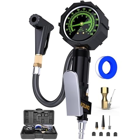 AZUNO Bike Tire Inflator with Pressure Gauge, New Upgrade Presta Valve Adapter for Air Compressor, Presta Valve Air Chuck, Universal Presta and Schrader Air Compressor Tool, with Storage Box Cover