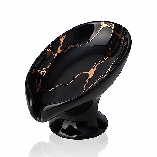 WHJY Marble Soap Holder Tray, Small Leaf Shape, Black, for Bathroom & Kitchen