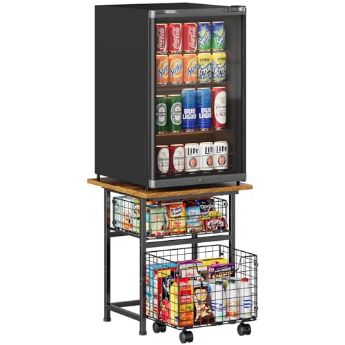 Image of Mini Fridge Stand with Storage, Small Refrigerator Stand with 2 Drawers, Mini Fridge Shelf Cabinet-Max Load 350 LBS Heavy Microwave Stand Mini Fridge Cart for Dorm, Apartment, Kitchen, (Brown)