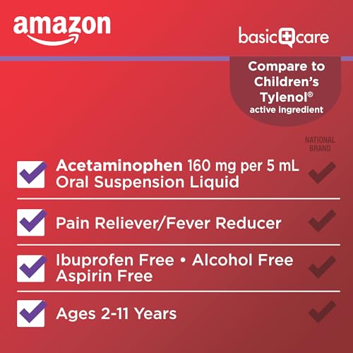 Image of Amazon Basic Care Children's Pain and Fever, Acetaminophen 160 mg per 5 mL Oral Suspension, Pain Reliever, Fever Reducer, Grape Flavor, 8 fl oz (Pack of 2)