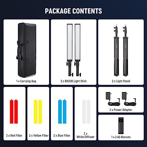 NEEWER Upgraded LED Video Light Stick & 2.4G Remote Kit, 2 Pack Handheld Dimmable 3200K~5600K CRI97+ Video Lights with Stands/Filters/Carry Bag for YouTube Video Recording Photography Gaming, BH20B