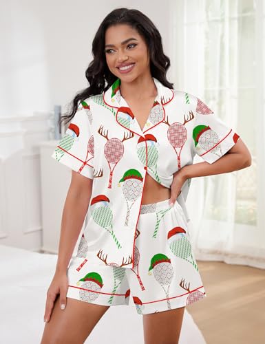 Image of SHESHOW Pajamas for Women Set Satin Button Down Short Sleeve Top and Shorts Pjs Sets Sport Ball Print Sleepwear XS-XXL