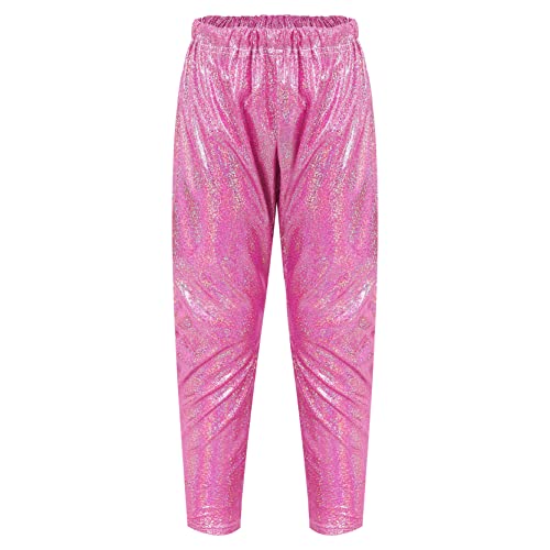 Girls Kids Sequin Metallic Elastic Waistband Trousers Little Boys Hip Hop Jazz Streetwear Dance Sports Trousers Hot Pink 7-8 Years