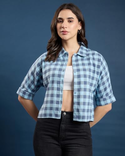 Image of Chimpaaanzee Women Checks Half Sleeve Crop Shirt
