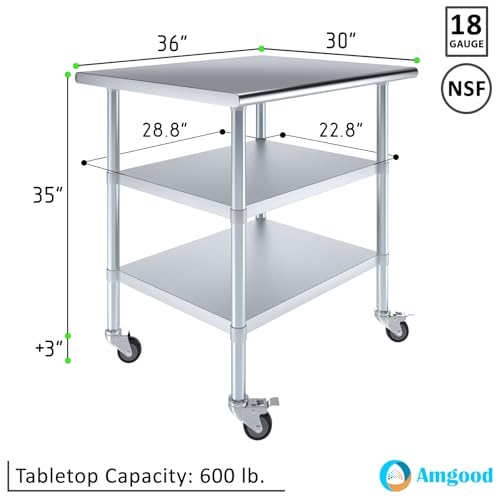 Image of AmGood Stainless Steel Work Table with 2 Shelves and Casters | Metal Utility Table On Wheels (Stainless Steel Work Table with 2 Shelves + Casters, 36 inch Long x 30 inch Deep)