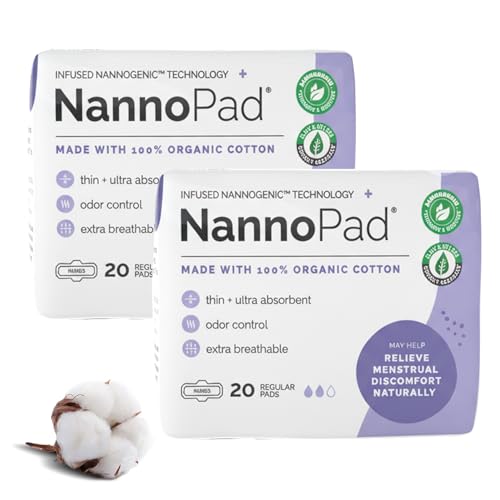 Image of Organic Pads for Women - 100% Organic Cotton Pads Period with Wings - High Absorbency 130mL, Comfortable & Ultra-Thin - No Fragrances, Odor-Control, Breathable - Regular (2 Pack, 40 Count)