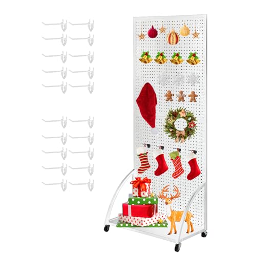 Eastern Tree 2.5'x 6' Metal Pegboard Display Stand with Base Plate, Standing Pegboard Display with Wheels, Peg Board Display Rack, Art Peg Board Panels Display Stand, Extra 20 pieces Hooks - White
