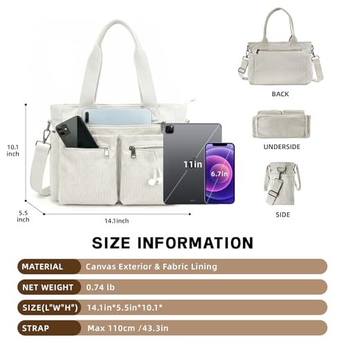 Image of Corduroy Tote Bag for Women with Pockets,Large Crossbody Purse for Laptop,Work,College,Everyday,Travel