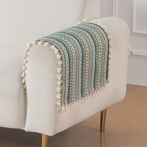 Image of HOKIPO Sofa Arm Cover with Tassel | 300 GSM Thick Cotton Acrylic Jacquard Armrest Mat, 50x70 cm, Pack of 2,'Trivana Series' Olive Green (IN-931-J1*2)