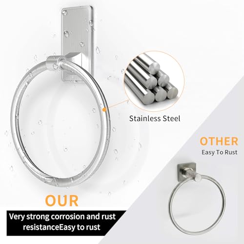 Image of Adhesive Towel Ring, Bathroom Hand Towel Holder SUS304 Heavy Duty Stick On Towel Holder for Kitchen, Brushed Nickel