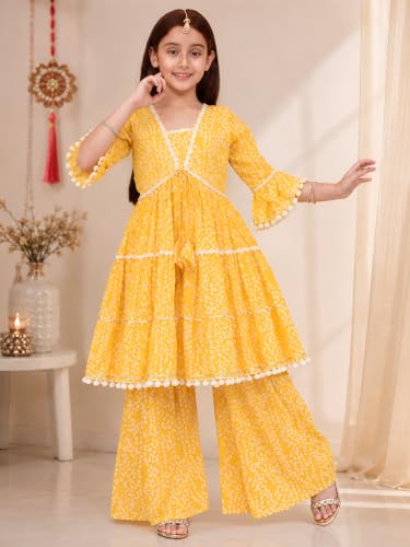 Image of Preneum Girl's Cotton Rayon Bandhani & Lahariya Printed Angrakha Kurta with Sharara & Dupatta