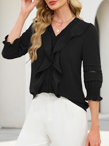 Funlingo 3/4 Length Sleeve Womens Tops Dressy Casual Blouses Ruffle V Neck Lace Shirts with Smocked Cuffs 2026 Fashion Clothing Black XL — view 3
