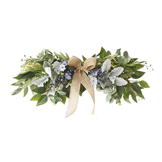 LEMCC Artificial Eucalyptus Swag with Daisy Flower 25.6inch Greenery Swag with Bow and Flocking Leaves Berries Farmhouse Decorative Swag for Home Wedding Wall Door Decor, Multicolor, 65cm/25.6inch