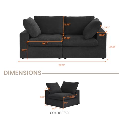 Cloud Modular Sectional Sofa Couch,80.3" Convertible Couches Lovesofa for Living Room,Minimalist Deep Sofa Couches,Sofa Covers Washable&Replaceable(Black)