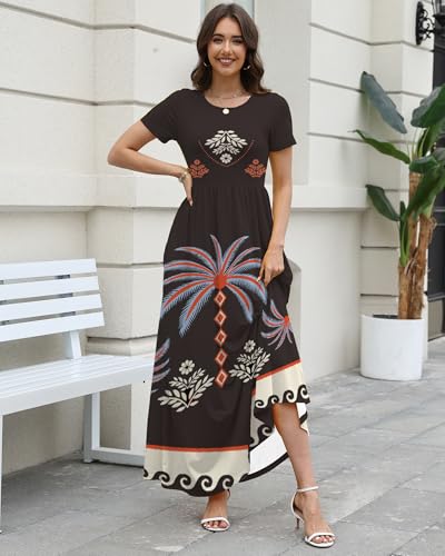 Image of COSSEN Women's Crew Neck Short Sleeve Maxi Dress with Pockets Casual Loose Swing for Wedding Guest Beach Vacation