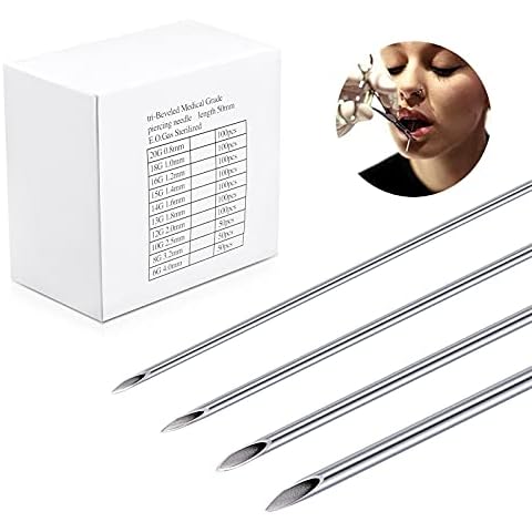 JIESIBAO 50PCS Mixed Body Piercing Needles, 12G 14G 16G 18G 20G Stainless Steel Sterile Disposable Ear Nose Navel Nipple Lip Piercing Needles Cover